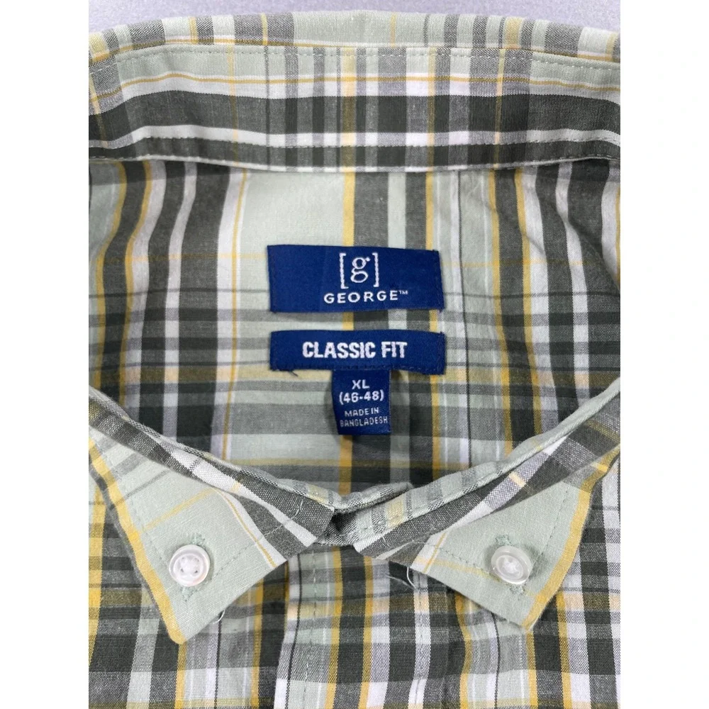 George Button Up Shirt Mens XL Green Plaid Classic Fit Short Sleeve